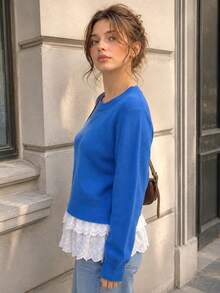 Women's Knitted Round Neck Pullover Sweater Top, Long Regular Sleeve, Medium Elasticity, Autumn Daily Wear - Blue - View 7