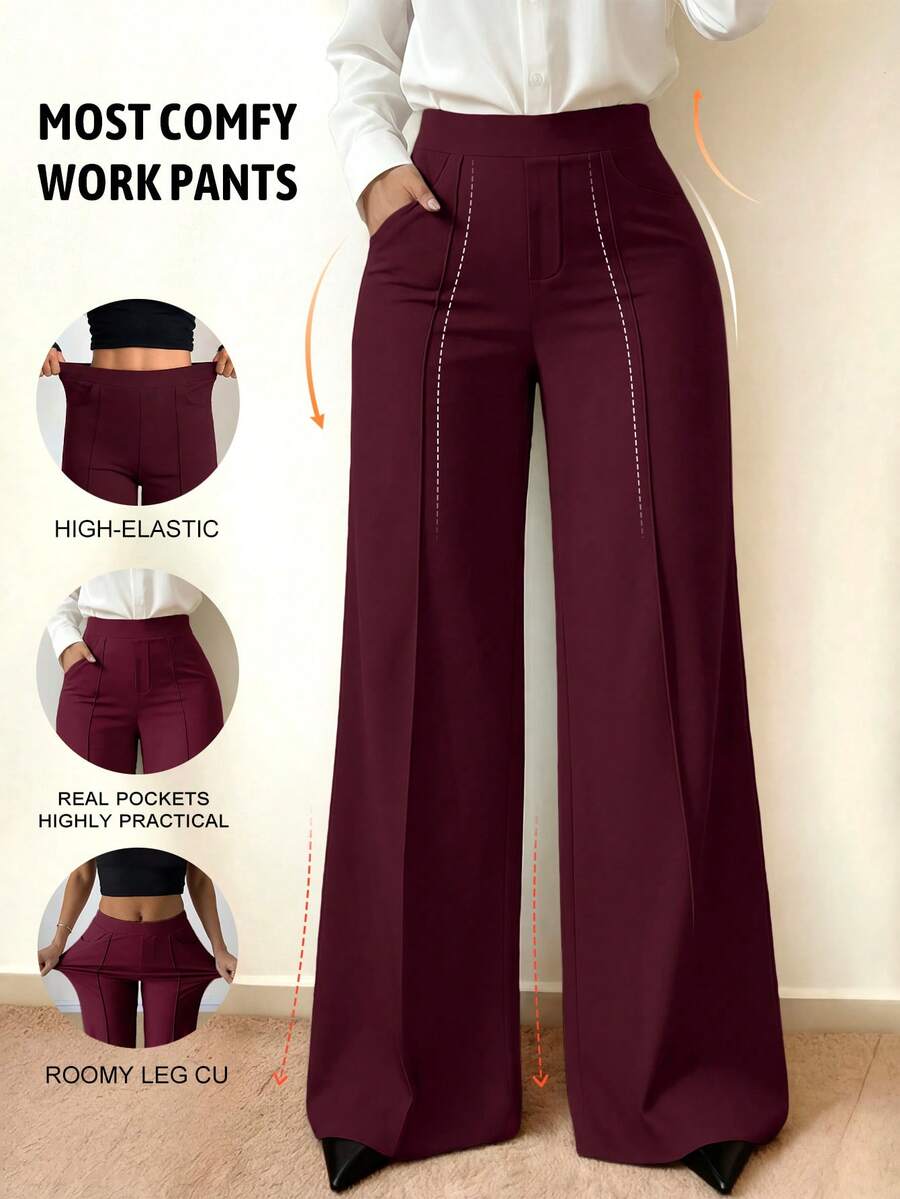 Women's Stretchy Thin Casual Pants, Versatile For Daily Wear, Commuting, Office, And Leisure Sports, With Pockets, Straight Leg Design To Flatter Legs, Suitable For Spring And Summer - Burgundy - View 1