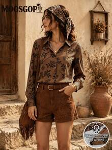 Women's Autumn/Winter New Fashion Versatile Minimalist Elegant French Romantic Style Lace Design Flare Sleeve Blouse - Rust Brown - View 2