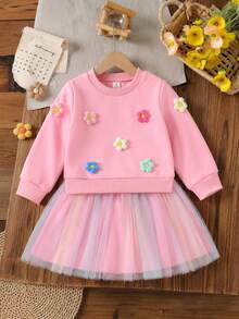 Autumn New Young Girl Fresh Pink 2 In 1 3D Floral Round Neck Gradient Mesh Dress, Sweet Versatile Loose Comfortable Breathable Casual School Daily Outfit - Pink - View 7