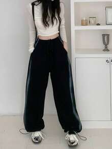 Women's Heart Graffiti Drawstring Loose Straight Leg Casual Sweatpants, Autumn Clothing - Black - View 5
