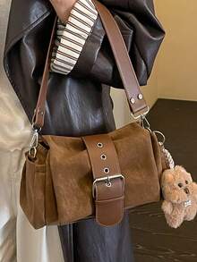 Women's Vintage Maillard Style Baguette Shoulder Bag With Metal Buckle Decor, Free Doll Charm, Dual-Use Handheld And Underarm, Multi-Layer Compartment Storage, Magnetic Flap Closure, Retro Commuter Bag For Students, Classes And Travel - Brown - View 6