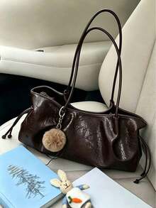 Vintage Drawstring Underarm Shoulder Tote Bag, Paired With Atmospheric Hanging Decorations, Suitable For Daily Commuting, Shopping, Dating, And Travel - Coffee - View 10