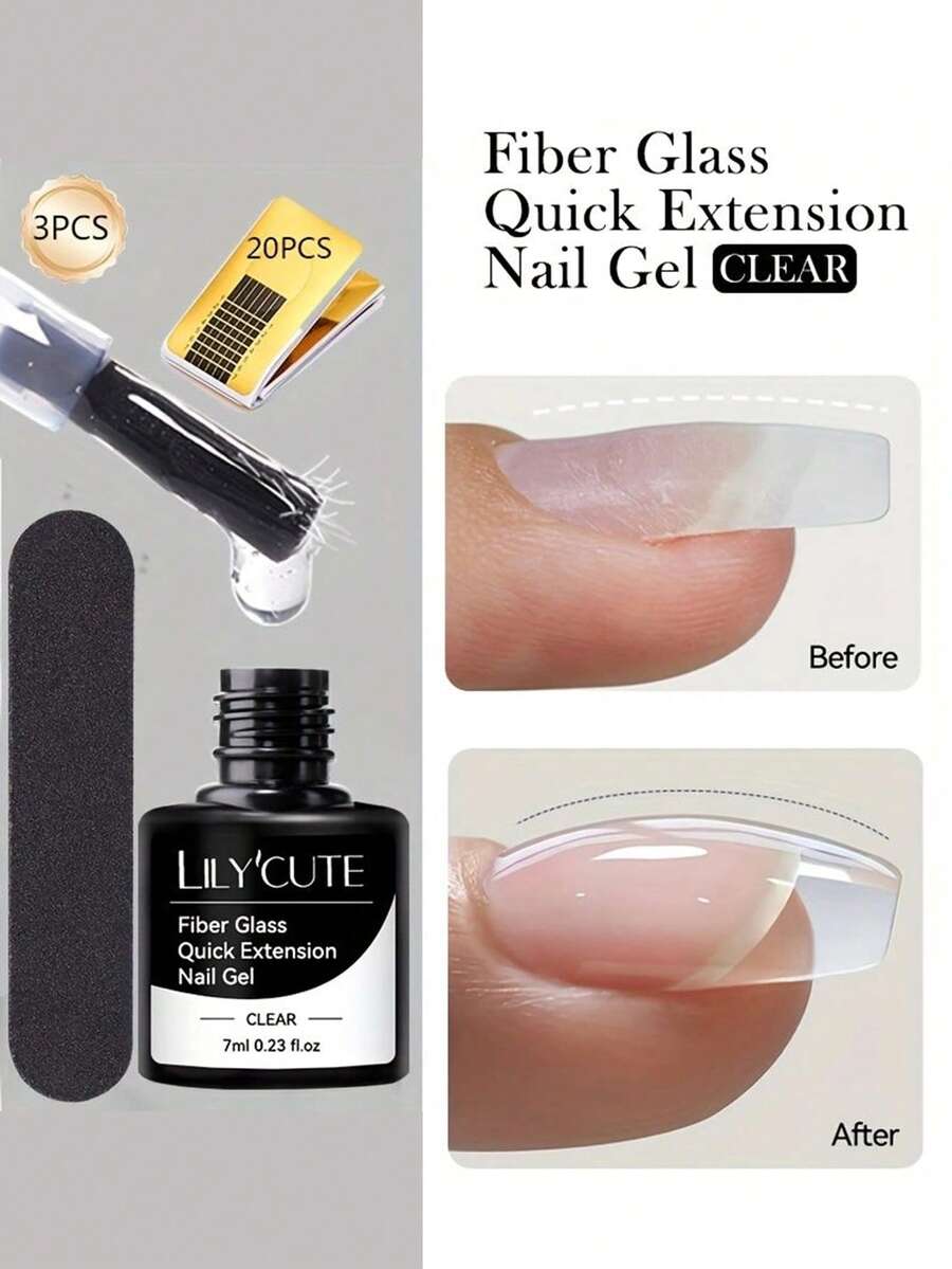 LILY'CUTE 7ml Clear Fiber Glass Fast Extension Nail Gel, Includes Nail Mold And Nail File, Can Shape Apex, Reinforce Nails, Self-Leveling, Fill Gaps And Seal Uneven Surfaces, Requires LED Light Curing, Suitable For Home And Salon Nail Care