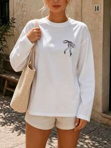 Plus Size Women's Leopard "Daughter Of The King" Bow & Bible Verse Graphic Long Sleeve Tee, Moderate Stretch Crewneck Loose Casual Fall Top - White - View 5
