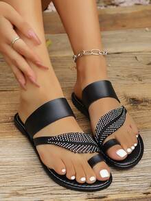 2026 Summer New Wide Toe Box Crystal Leaf Decor Flat Sandals, Slip-On Design, Elegant Solid Color Women's Beach Vacation Casual Sandals - Black - View 6