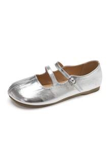 Split Toe Mary Jane Flat Shoes With Double Buckle Design, Vintage Style, Adjustable Single Strap, Comfortable And Versatile - Silver - View 7