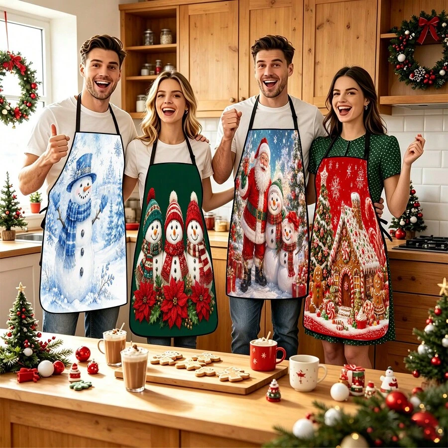4pcs Christmas, Santa Claus, Bell, Snowflake, Reindeer, Christmas Tree, Snowman, Penguin, Gingerbread Man, Nutcracker, Christmas Animal Pattern Aprons, Suitable For Home Decor And Kitchen Use. Designed As Sleeveless Style, Perfect For Home Kitchen, Outdoor BBQ Cooking. This Printed Apron Is Unisex, Machine Washable And Reusable, Essential Kitchen Supplies, Top Choice For Christmas Gifts. - Multicolor - View 1