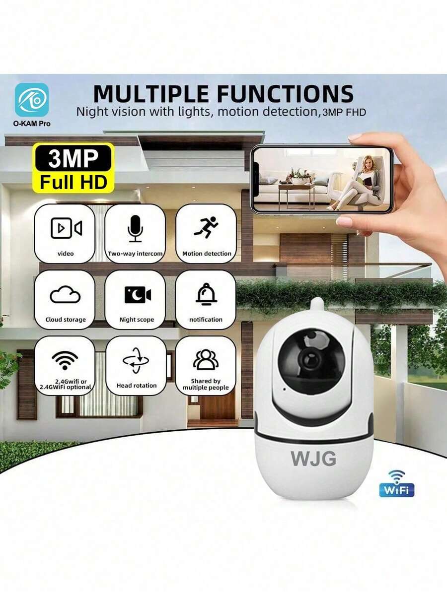 WJG 1pc Wireless WiFi Security Camera, 2.4GHz WiFi Indoor Monitoring, Supports Auto Tracking, Alarm Notification And Full Color Night Vision - White - View 1