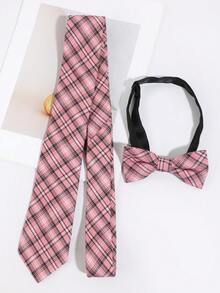 1 Set Men's Fashion Casual Pink Plaid Collar & Bow Tie Combination Set, Suitable For Wedding, Party, Gathering, Suit & Formal Wear - Multicolor - View 3