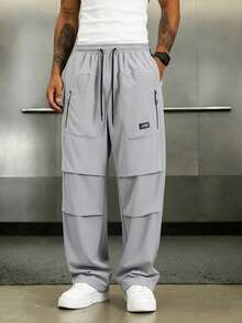 Men's Light Gray Drawstring Wide Leg Cargo Pants, White Contrast Trim Sporty Street Casual Long Pants With Zipper Pockets - Grey - View 1