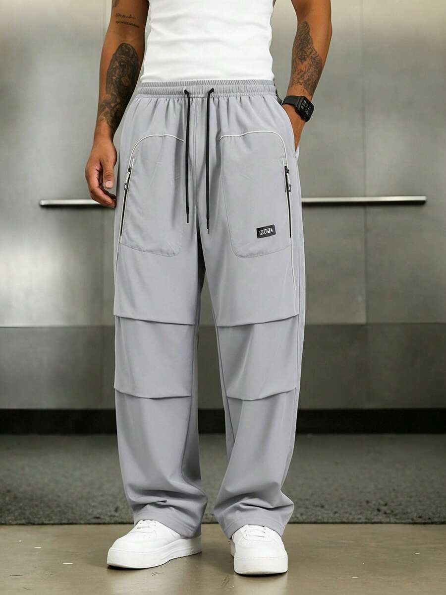 Men's Light Gray Drawstring Wide Leg Cargo Pants, White Contrast Trim Sporty Street Casual Long Pants With Zipper Pockets - Grey - View 1