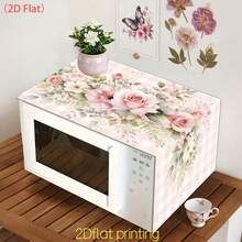 1pc/2D Microwave Dust Cover, Pink And White Plaid Background With Watercolor Pink Rose And Floral Leaf Print, Dust-Proof And Decorative, Beautifies Kitchen Countertop, Suitable For Microwave And Other Home Appliances, Polyester Material - Multicolor - View 5