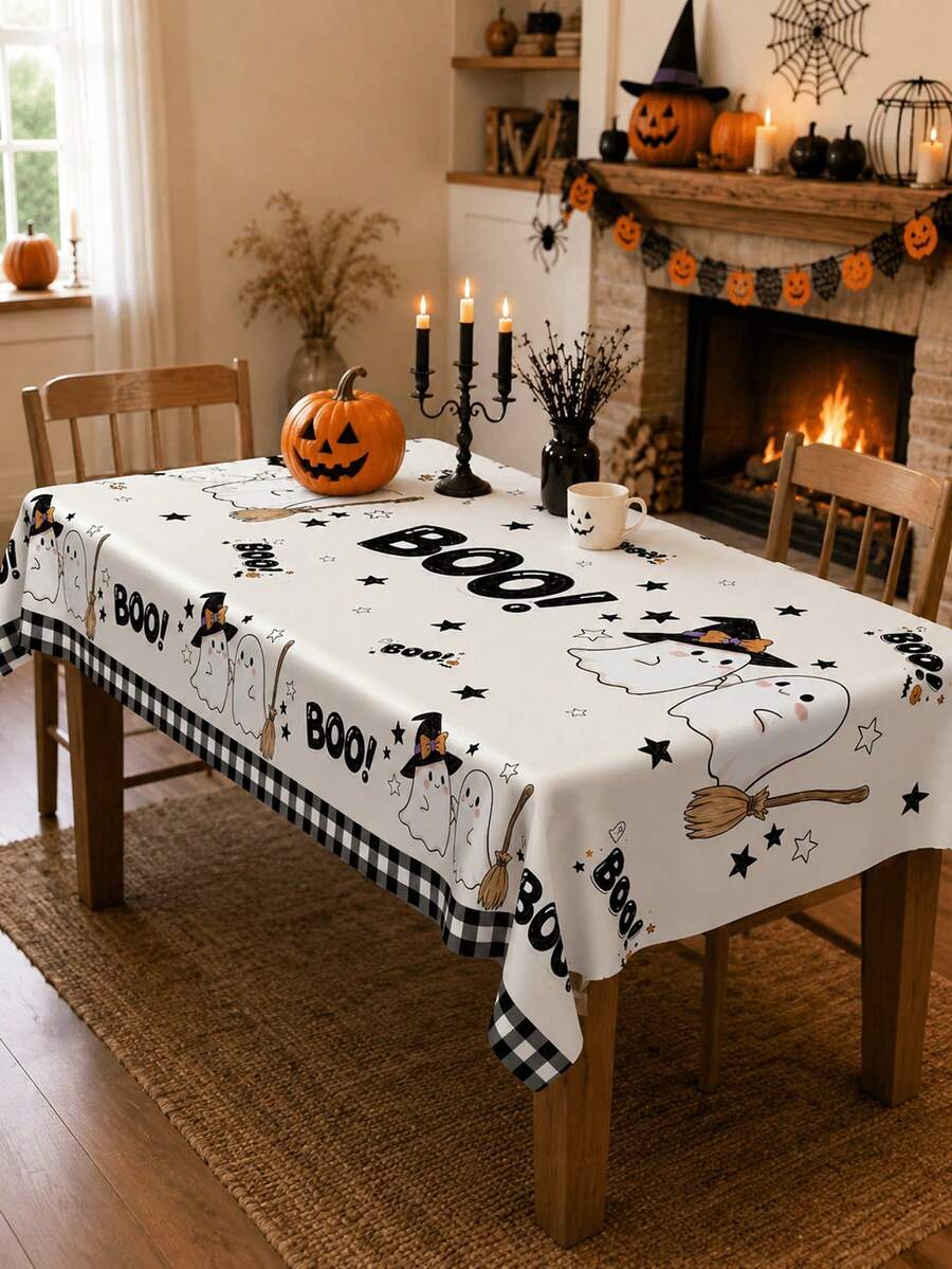 1PC Halloween Ghost Round Table Cloth, White Cute Boo Ghost Witch Hat Broom Star Print Polyester Tablecloth With Black Plaid Border, Funny Spooky Table Cover For Kitchen, Dining Room, Halloween Party, Family Dinner And Home Decor - Multicolor - View 1