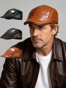1pc Autumn Vintage Hong Kong Style Newsboy Cap PU Leather Beret Flat Cap For Middle-Aged And Elderly Men - A - View 8