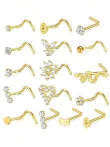 TOKRING 16pcs Fashion Stainless Steel Heart Flower Cubic Zirconia Nose Studs, Suitable For Women's Daily Decoration; 20G Gold Nose Ring Nose Studs, 8mm Nose Stud Earrings - Multiple Styles - View 13