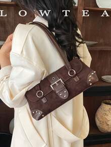 low tea 1pc Baguette Snap Rivet Suede Fabric Shoulder Bag Suitable For Commuting, Shopping, Etc. - Coffee - View 2