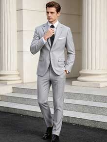 WindsorQuad Men's 2-Piece Solid Color Suit Set, Elegant Single-Breasted Slim Fit Blazer + Trousers, Formal Outfit For Wedding, Party, Ball, Business Occasions - Light Grey - View 1