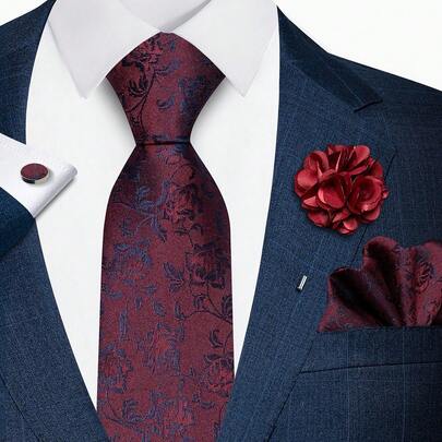 AlanKing Paisley Patterned Men's Tie, Pocket Square, Cufflinks, And Lapel Flower 4-Piece Set, Suitable For Business Work And Parties