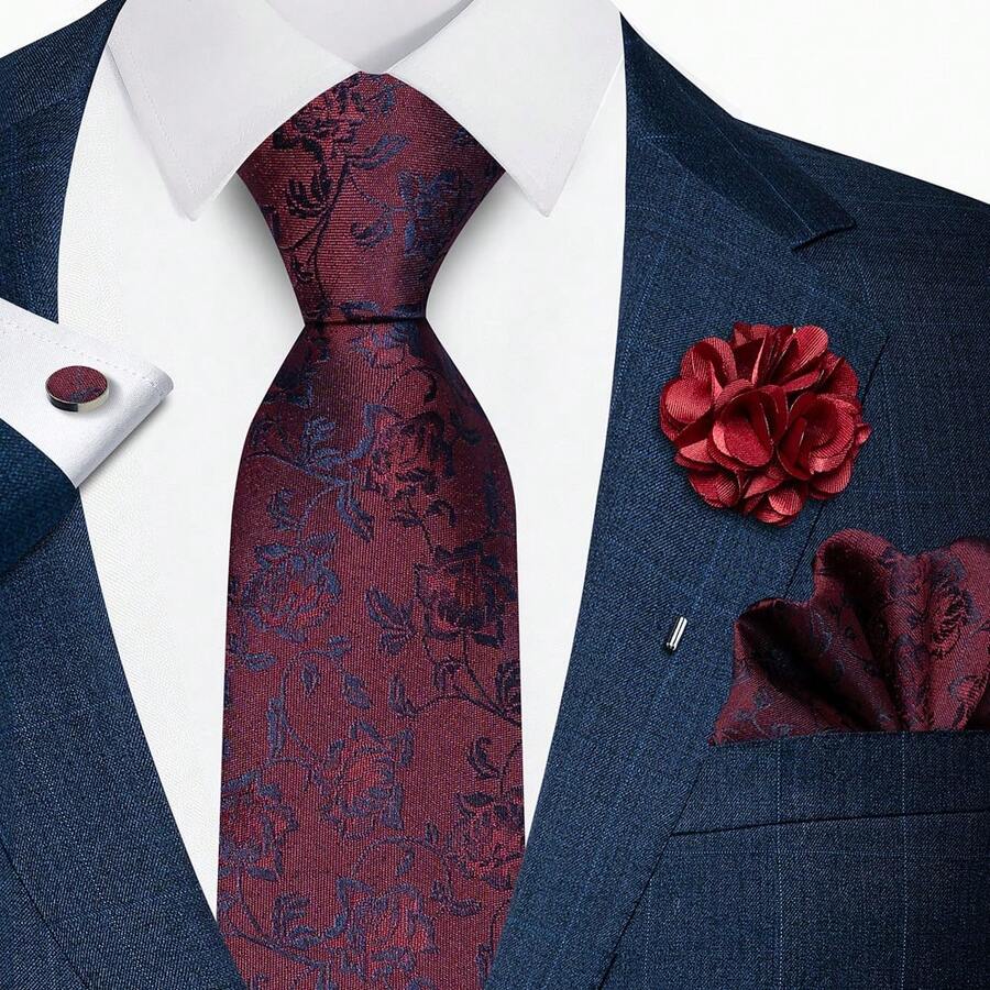AlanKing Paisley Patterned Men's Tie, Pocket Square, Cufflinks, And Lapel Flower 4-Piece Set, Suitable For Business Work And Parties - Multicolor - View 1