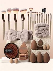 35Pcs Professional Makeup Tool Kit, Multi‑Size Soft Fluffy Makeup Brushes For Foundation Concealer Blush Eyeshadow, With Makeup Sponge Powder Puffs Bow Hair Headband Makeup Remover Sponge, Full Cosmetic Accessories For Starter Daily Make‑Up - Brown - View 12