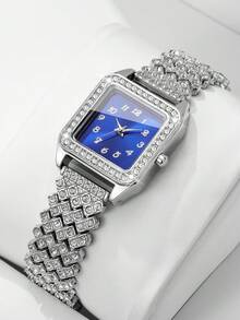 Women's Luxury Full Rhinestone Square Quartz Watch, Sapphire Blue Dial Full Rhinestone Alloy Band With Rhinestones, Versatile Wristwatch For Party And Banquet, Gift For Girlfriend (1pc/Set) Watch Box Not Included - Silver - View 10
