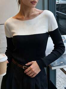 minisummer Women Fall Black White Color Block Wool Knit Top, Boat Neck Vertical Rib Slim Fit Long Sleeve Versatile Fall Winter Layering Sweater - Black and White - View 8