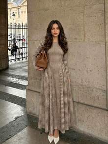 Dirp Noir Women's Autumn Vintage Plaid Round Neck Waist-Cinching Mid-Length Dress, Suitable For Commuting, Dating, Back-To-School Prom - Brown - View 8