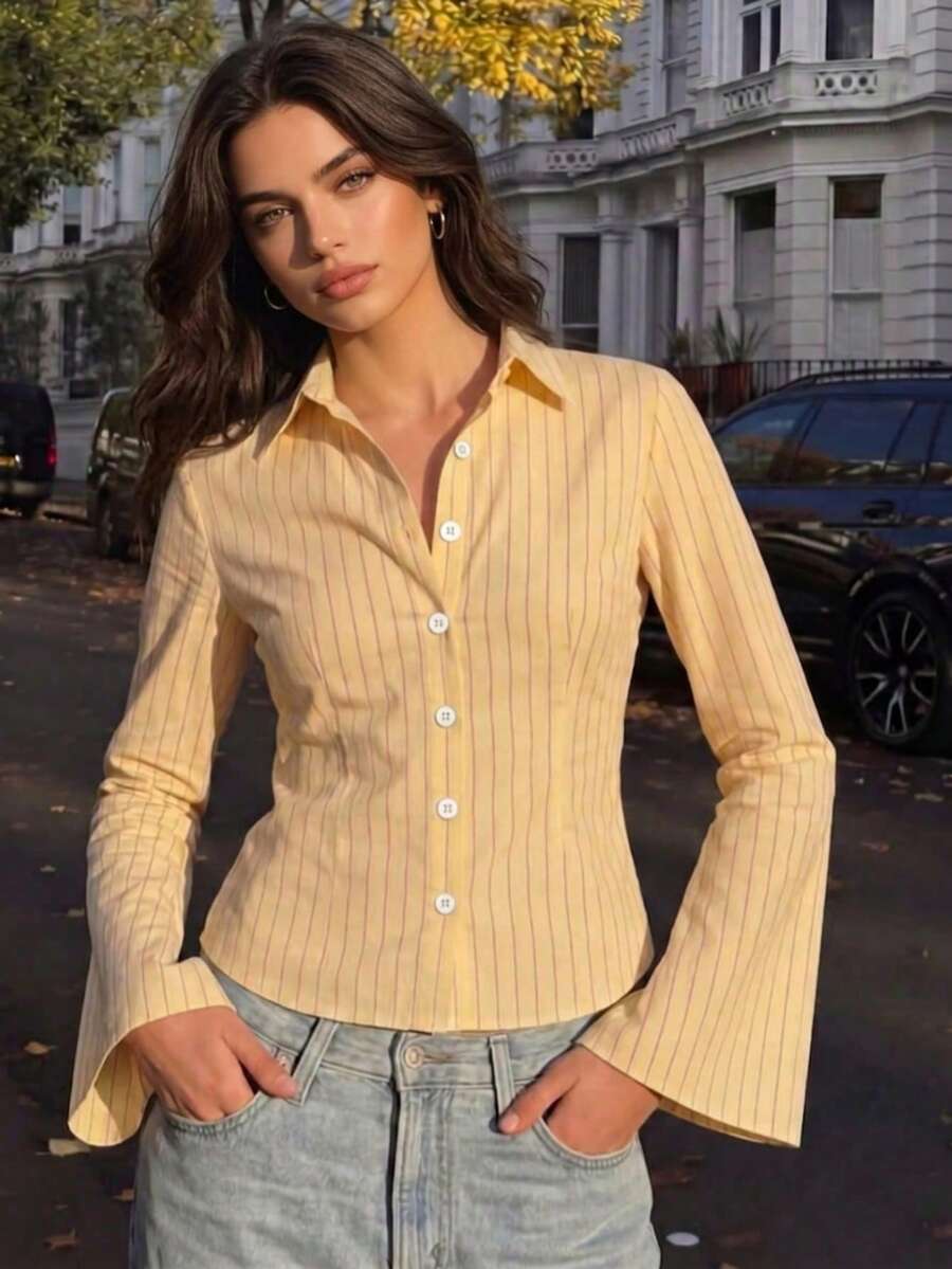 Women's Yellow Striped Front Placket Shirt, Flared Long Sleeves, Classic Pointed Collar Top, Polyester Fabric, Preppy Autumn Outfit - Light Yellow - View 1