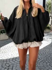 Women's Zip-Up Jacket, Batwing Long Sleeve, Pleated Decor, Solid Color Woven Fabric Black, Bomber Jacket - Black - View 4