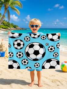 1pc Football Themed Blue Children's Beach Towel, Super Soft Microfiber Extra Large Beach Blanket, Super Absorbent Bath Towel, Suitable For Travel, Swimming Pool, Diving, Surfing, Yoga, Camping, Available In Multiple Sizes, Beach Accessory - Multicolor - View 1