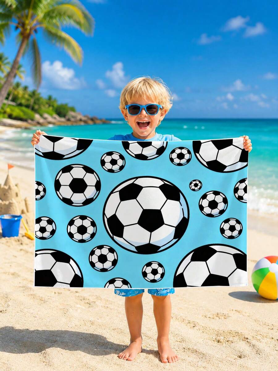 1pc Football Themed Blue Children's Beach Towel, Super Soft Microfiber Extra Large Beach Blanket, Super Absorbent Bath Towel, Suitable For Travel, Swimming Pool, Diving, Surfing, Yoga, Camping, Available In Multiple Sizes, Beach Accessory - Multicolor - View 1