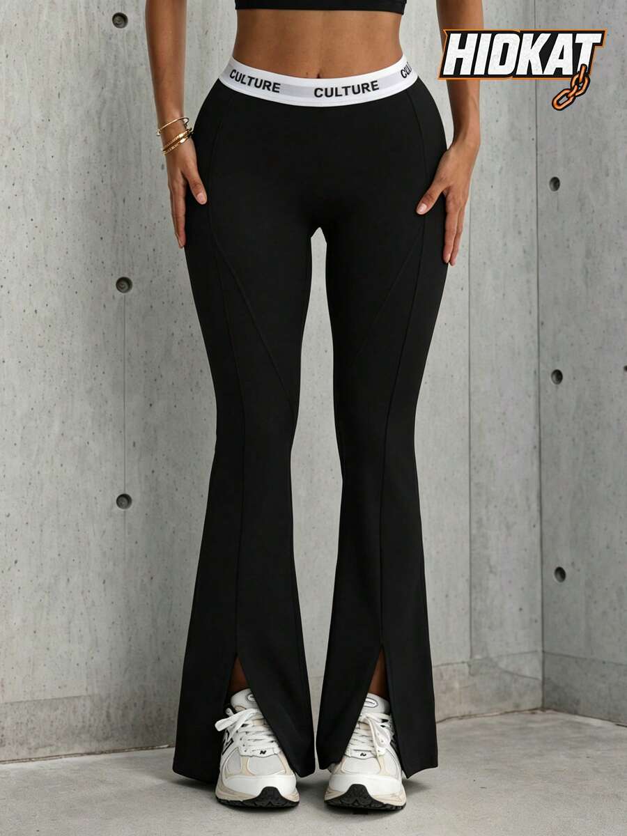 Hidkat Women's Fashion High Waist Letter Elastic Band Yoga Casual Sports Knit Long Pants - Black - View 1
