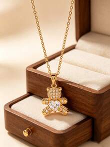 1pc Cute Bear Pendant Necklace For Girls, Heart Charm Design, Sparkling Detail Kids Jewelry, Sweet Daily Wear Accessory Gift - Yellow Gold - View 1