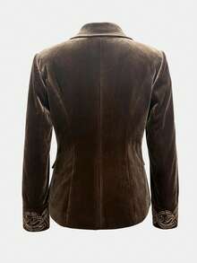 New Solid Color Velvet Lapel Embroidered Metal Button Waist-Cinching Vintage Jacket - Grey-brown - View 9