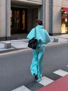 2026 Autumn New Solid Color Drawstring Satin Petal Sleeve Drawstring Hem Short Jacket Daily Date Long Sleeve Jacket Autumn/Winter - Mint Blue - View 3