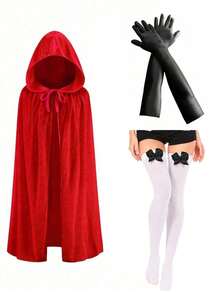 Halloween Little Red Riding Hood, Adult Holiday Costume Props, Velvet Cape + Gloves + Bow Socks. Cosplay - Multicolor - View 11