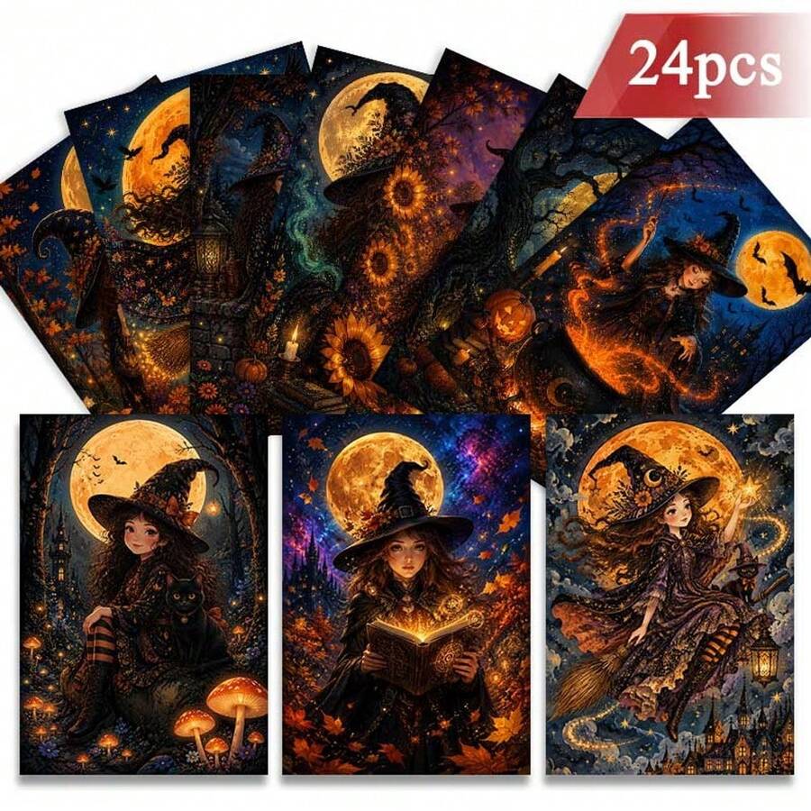 24張+A 紅包神秘迷人萬聖節明信片，女巫與南瓜月光場景，附「Happy Halloween」文字，適合送給朋友，秋季節慶藝術風格