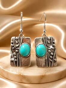 1 Pair Vintage Bohemian Style Women's Oval Stone Rectangular Pendant Earrings, Daily Party Jewelry - Antique Silver - View 3