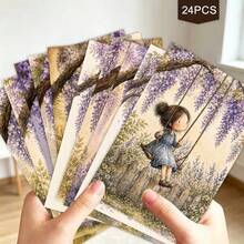 24pcs + 1 Red Envelope Dreamy Spring Floral Postcard Set, Girl Swinging Under Wisteria Illustration, With "Springtime Joy" Text, Romantic Garden Theme - Sets - View 5