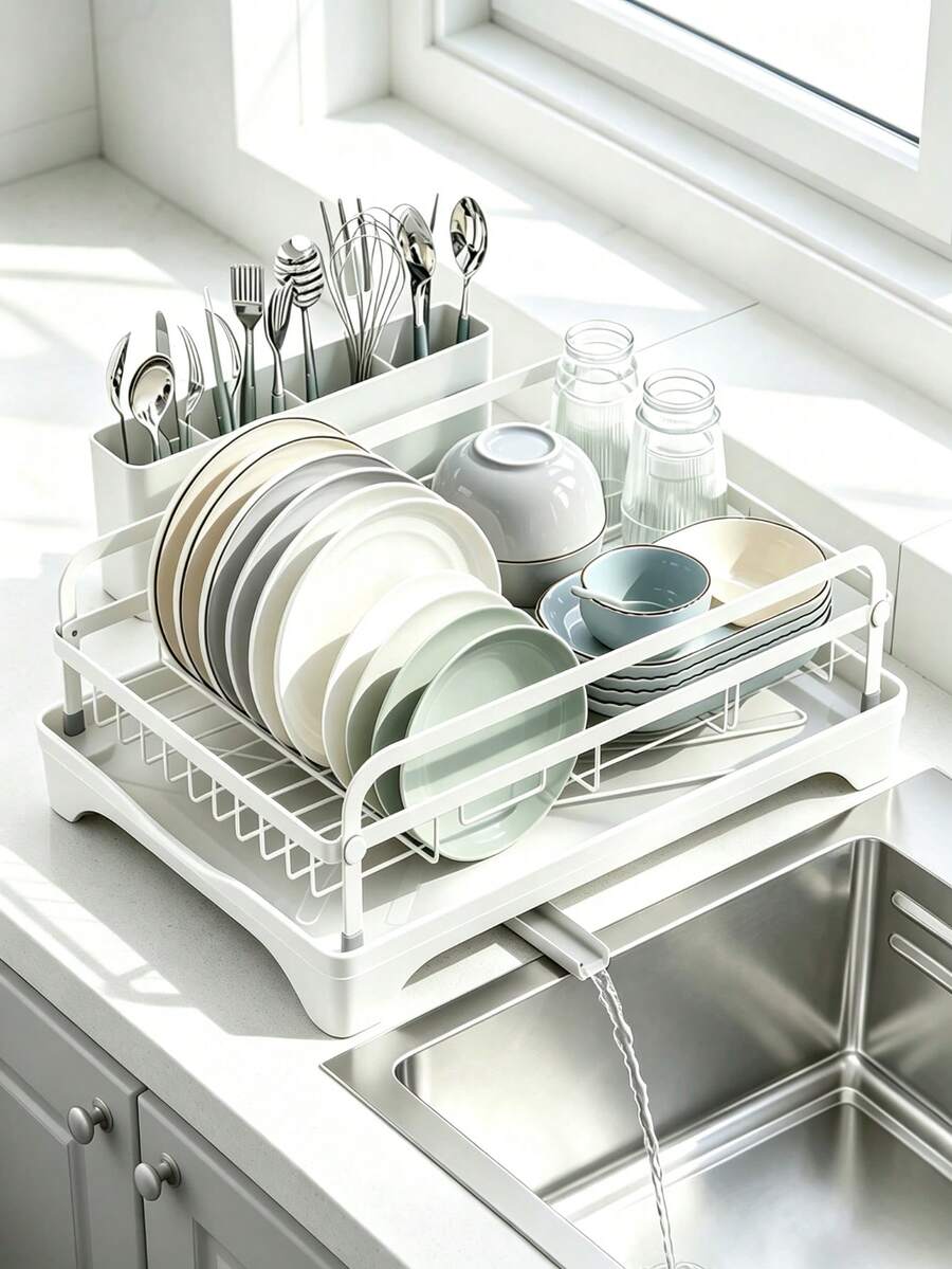 Dish Drying Rack For Kitchen Counter, Large‑Capacity Metal Dish Rack With Drainboard & Utensil Holder,Kitchen Storage Rack, Direct Water Drain To Sink, Space Saving,Anti‑Slip Dish Organizer For Plates Bowls Cups, 3 Colors Available White/Gray/Black - View 1