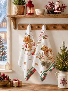 2pcs Cute Gingerbread Man Cooking Christmas Happy Pattern Kitchen Towels, Soft Polyester Material Dish Cloths, Suitable For Kitchen Decor, Kitchen Cleaning, Holiday Party Decoration, Kitchen Bathroom Supplies Home Essentials, Home Decor, Housewarming Gift - Multicolor - View 6