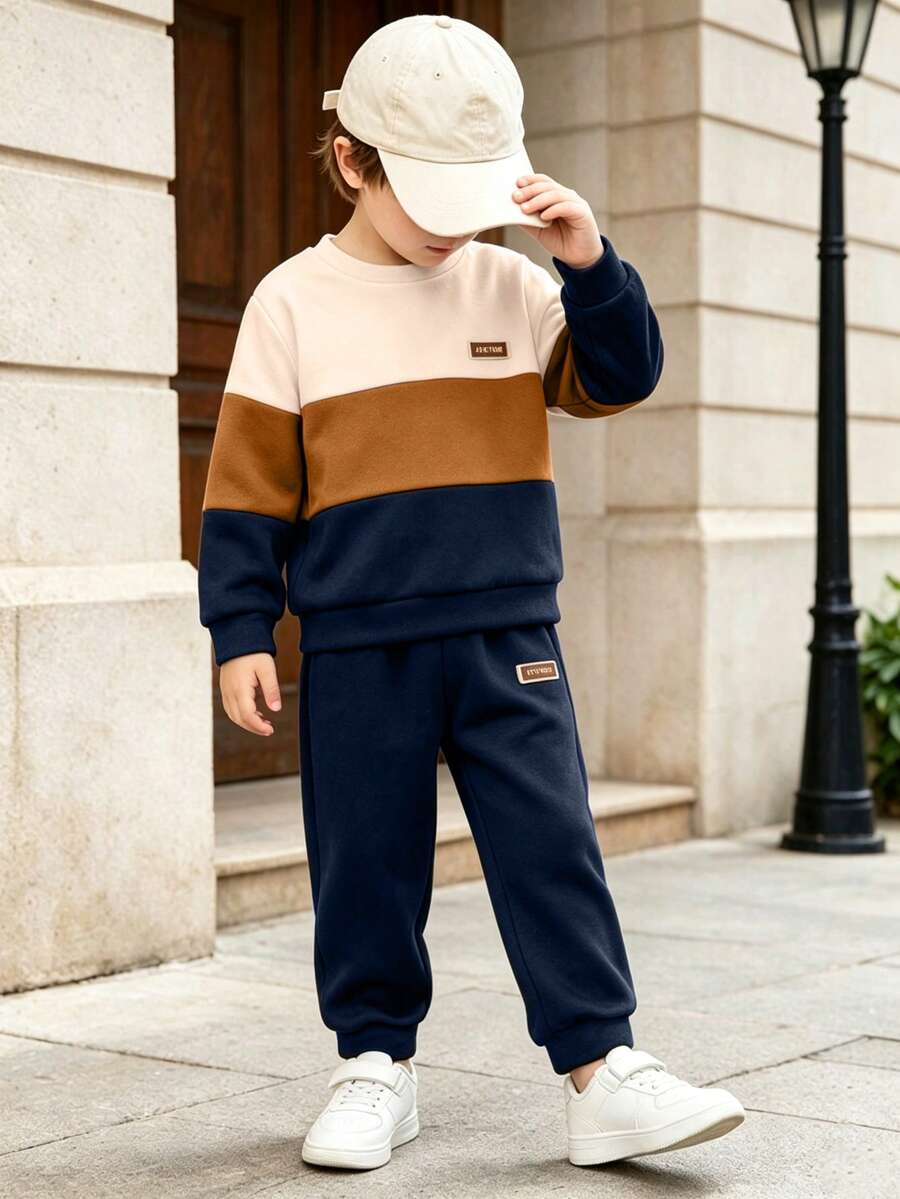 2pcs Young Boys' Casual Colorblock Letter Patch Long Sleeve Sweatshirt And Sports Pants Set - Navy Blue - View 1
