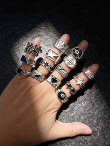 15pcs Unisex Vintage Punk Skull Geometric Cross Star Rings Set, Personalized Hip Hop Black Oil Drip Party Gift Daily Jewelry Accessories, Random Styles - 15pcs Mixed Vintage Punk Style Star Rings - View 6