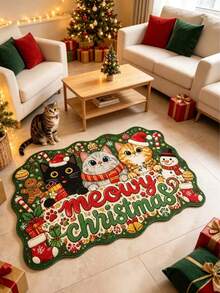 1pc Dark Green 3 Christmas Cats Wavy Edge Irregular Shaped Rug, Christmas Style, Christmas, Doormat, Small Rug, Welcome Mat, Carpet, Floor Mat, Outdoor Doormat, Kitchen Rug, Front Door Mat, Area Rug, Outdoor Mat, Home Decor, Area Carpet, Garden Rug, Washable Rug - Multicolor - View 2