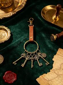 Halloween Medieval Renaissance Style Keychain, Antique Bronze Skull Key & Seahorse Pendant With PU Leather Cord, Vintage Nostalgic Bag Charm Key Ring Decorative Accessory - G45 - View 1
