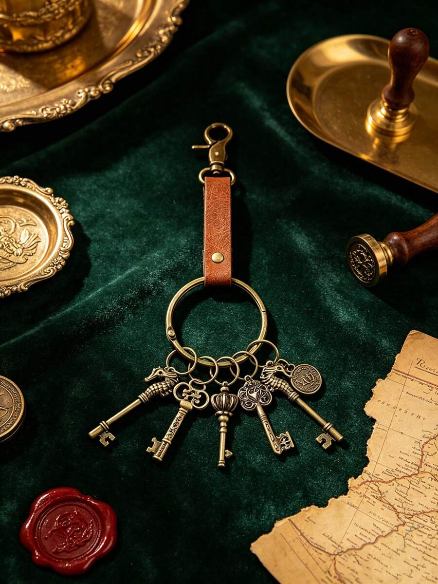 Halloween Medieval Renaissance Style Keychain, Antique Bronze Skull Key & Seahorse Pendant With PU Leather Cord, Vintage Nostalgic Bag Charm Key Ring Decorative Accessory - G45 - View 1