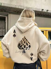 Women's Drawstring Pocket Hooded Sweatshirt, Leopard Print Bird & Letter Graphic On Chest, Soft Fabric, Loose Fit Casual Sweatshirt For Autumn/Winter - Apricot - View 1