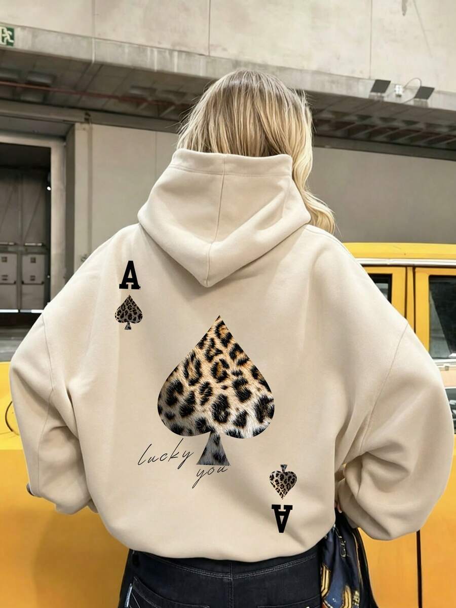 Women's Drawstring Pocket Hooded Sweatshirt, Leopard Print Bird & Letter Graphic On Chest, Soft Fabric, Loose Fit Casual Sweatshirt For Autumn/Winter - Apricot - View 1