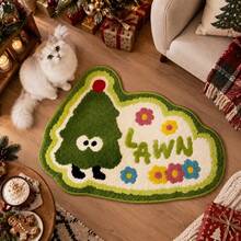 1pc Christmas Faux Cashmere Cartoon Anthropomorphic Christmas Tree Shaped Decorative Mat, Anthropomorphic Cartoon Christmas Tree With Colorful Small Flowers And LAWN Letter Print, Fresh Contrast Color Design. Suitable For Bedroom Bedside, Living Room, Entrance Hall, Soft Skin-Friendly Touch, Machine Washable, Creating A Lively And Healing Autumn/Winter Home Space - Multicolor - View 2
